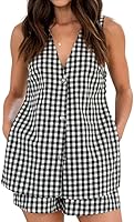 Women's Gingham 2 Piece Summer Outfits: Sleeveless Vest & Shorts Matching Set 2025 Trendy Casual Beach
