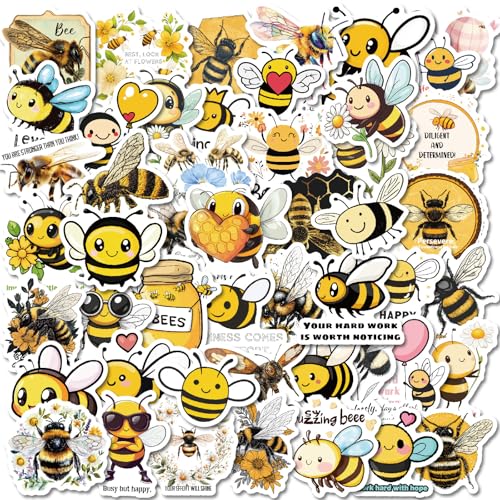 50枚かわいいカートゥーン小蜂ステッカーセット人気防水デカール、手帳デコノート文具子供ごほうびシールおしゃれDIYキラキラ蜂デザイン水筒スマホケース旅行バッグスケボーギター自転車ヘルメット装飾用