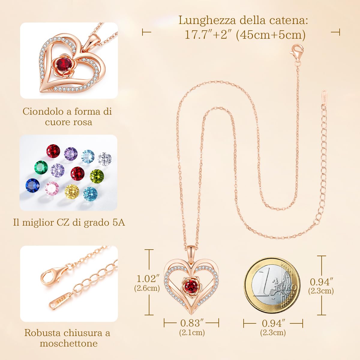 CDE Collana Donna Argento 925 Collana in Cuore, Pietra di nascita Rosé Fiore Collana in Oro, Rosa Gioielli Donna Regalo Valentin’s Day Natale Compleanno