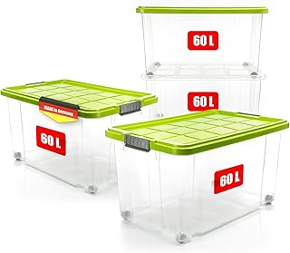 BigDean Pack of 4 60 L Storage Boxes with Lid, Large, Lime Green, Stackable Robust Box, Rollable Stacking Box with Fixed Click Fasteners, Made in Germany