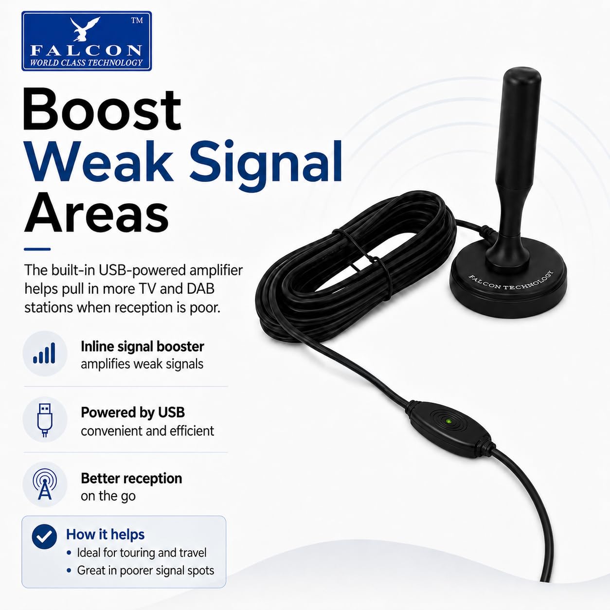 Falcon - Antena DTV portátil amplificada con soporte magnético para caravanas y autocaravanas (amplificada)