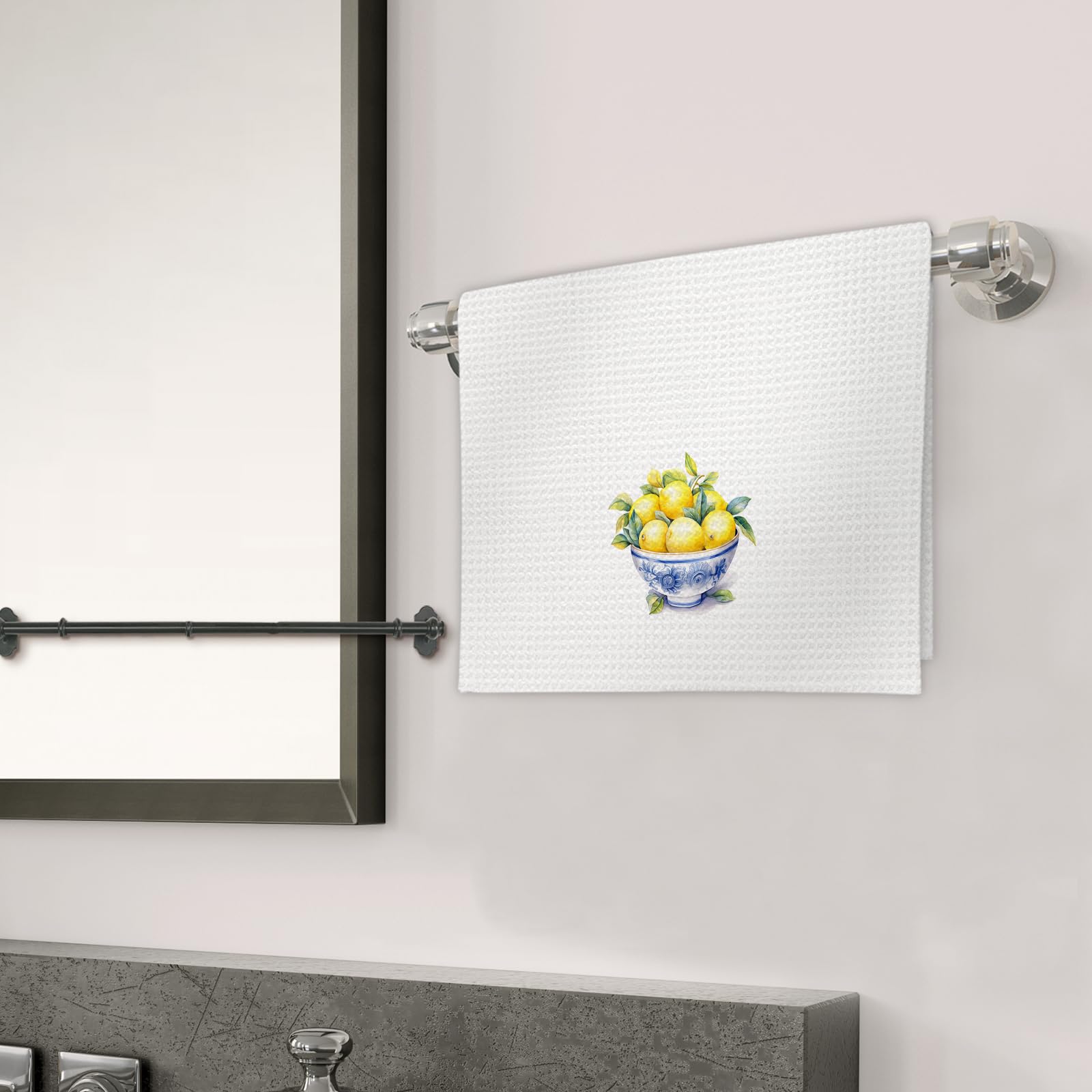 Yellow Lemon Kitchen Towels Set Of 2 - Blue & White Porcelain Design Dish Drying Cloths