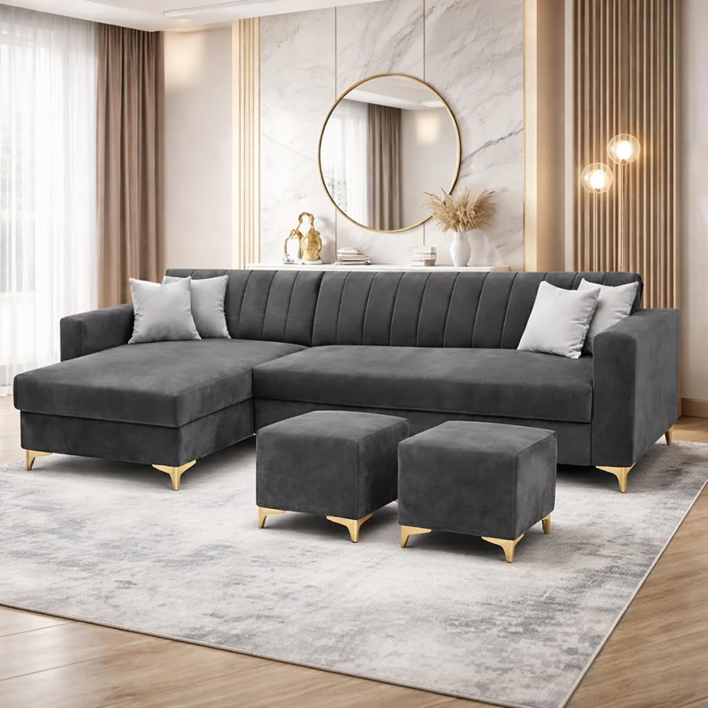 Frida Rich Velvet Suede 5 Seater L Shape Sofa Set with 2 Ottomans | Golden Aesthetic Legs | Spacious Soft Touch Comfort Seating | Modern Sectional Sofa for Living Room (Dark Gray, LHS)