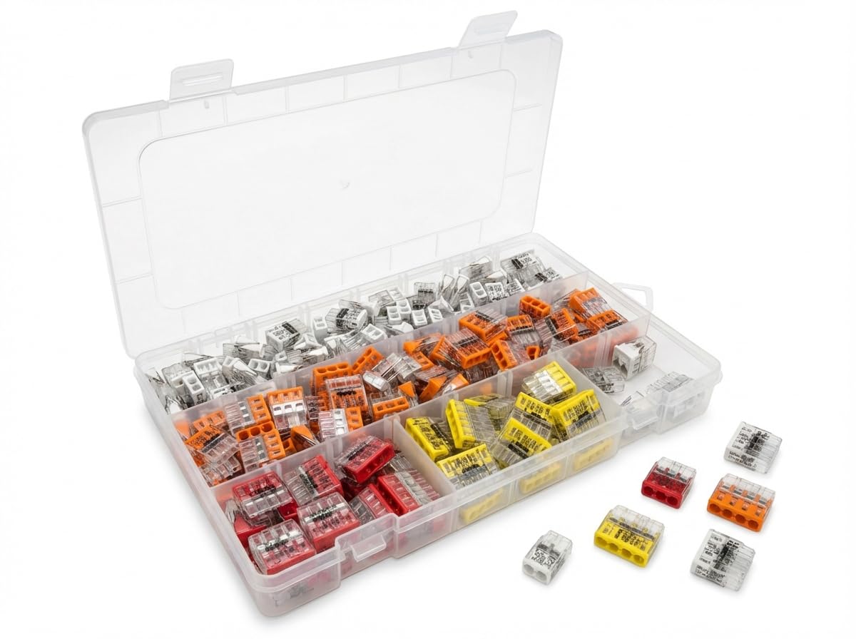 Verbindungsklemmen Set 250 Stück – enthält Original WAGO Klemmen Set Serie 2273 (2-, 3-, 4-, 5-, 8 polig) – Installationsklemmen in wiederverschließbarer Box