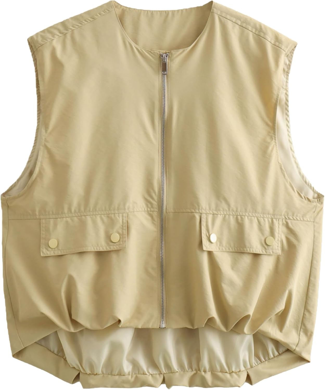 Women's Casual Zip Up Cargo Vest Oversized Lightweight Ruched Hem Sleeveless Blazer Vest Jacket Tops Trendy Outwear