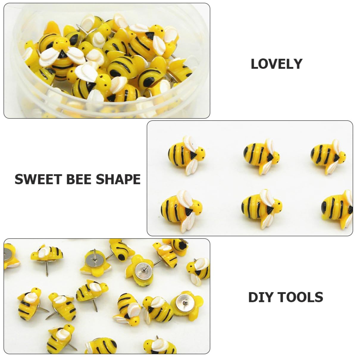 BETOOKY Chinchetas Caja de 60 Unidades Forma de Abeja Amarilla Pequeñas de Resina Creativas y Fáciles de Remover para Decoracion Colegio y Hogar