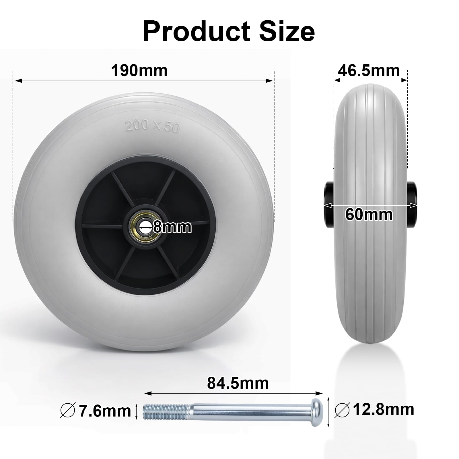 1 para kół zapasowych 190 mm, zapasowe kółka skrętne, do kół wózków inwalidzkich przednie 8 cali, do zamienników wózków inwalidzkich, pomoc w chodzeniu, kolor szary