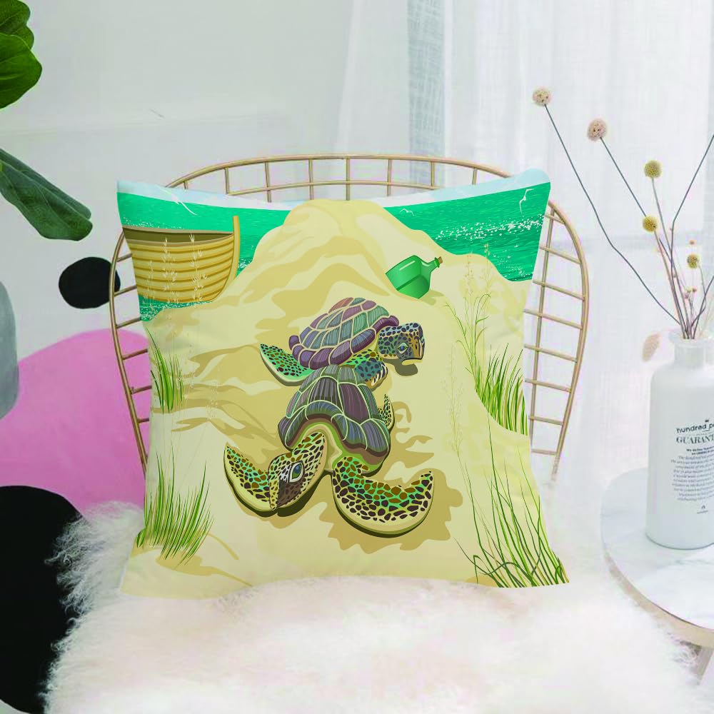 HYOSXW Cushion Cover,Throw Pillow Case Home Decorative for Living Room Bedroom Sofa Chair 16X16 Inch,Coastal turtle encounter，Marine Corps turtle on the beach，Ocean shelter turtle,Pillowcase 40X40cm