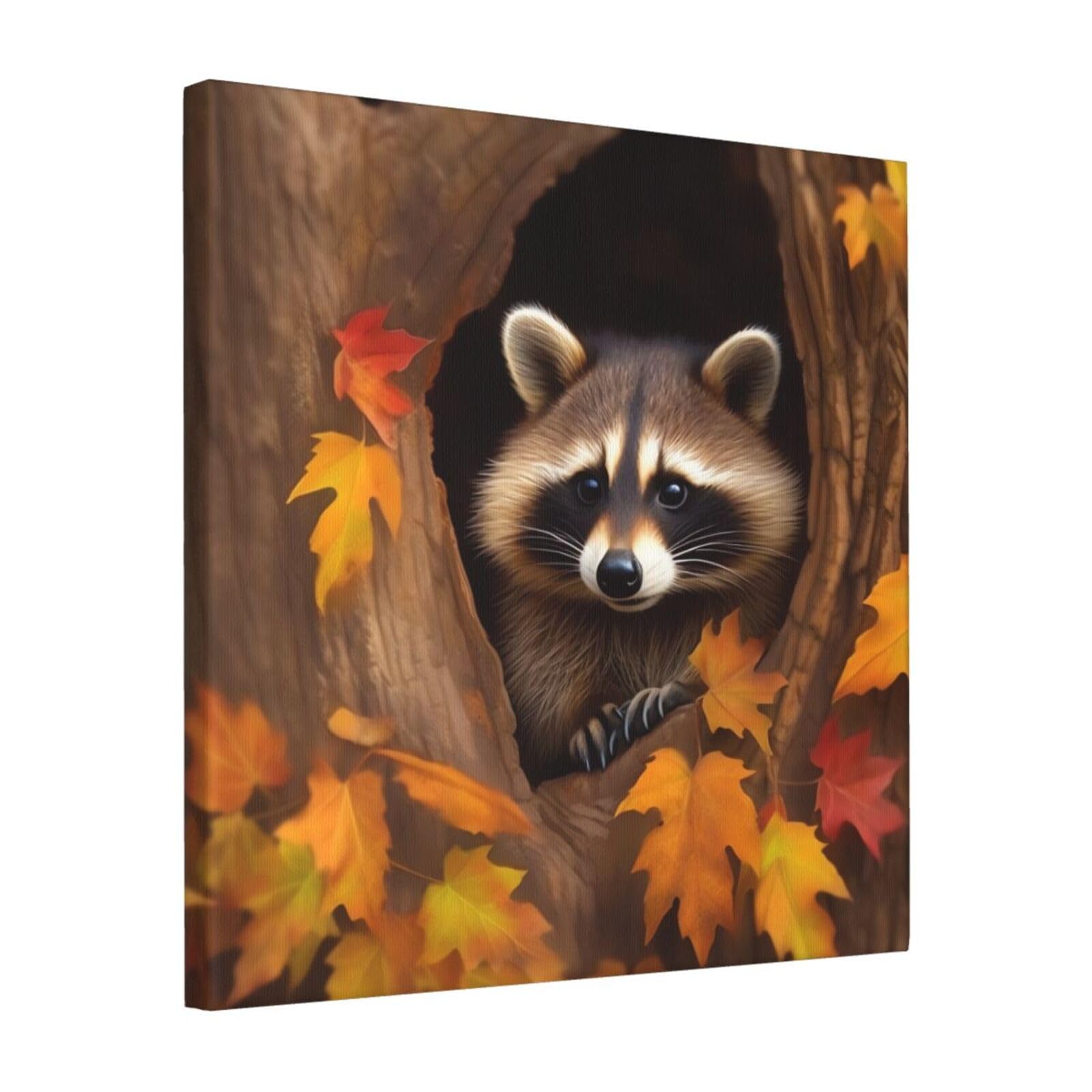 KLOPH Raccoon in The Fall Tree Hole Canvas Wall Art for Living Room 16"x16" Modern Artwork Painting for Bathroom Hanging Canvas Prints Aesthetic Wallart for Bedroom Kitchen Office Wall Decor