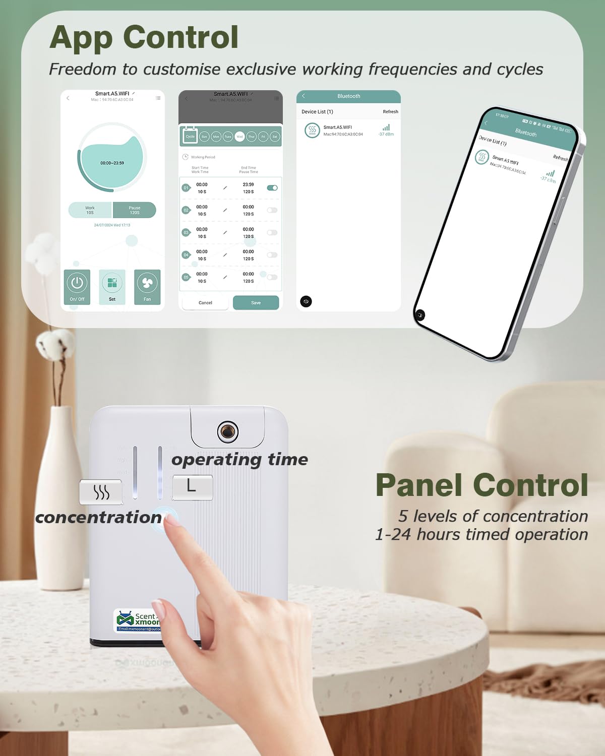 Mxmoonant wasserlose Duftmaschine, 300ml | App/WLAN-Steuerung, HVAC-kompatibel, wandmontierbar, 300-500m³, für Zuhause/Büro/Laden/Hotel