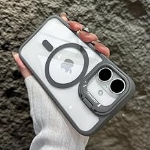 LuxuryKase Mag-Safe Shockproof Case for iPhone 16 with Rotating Camera Guard Stand | Military Grade Drop Protection | Transparent Hard Back Cover with Wireless Charging - Grey