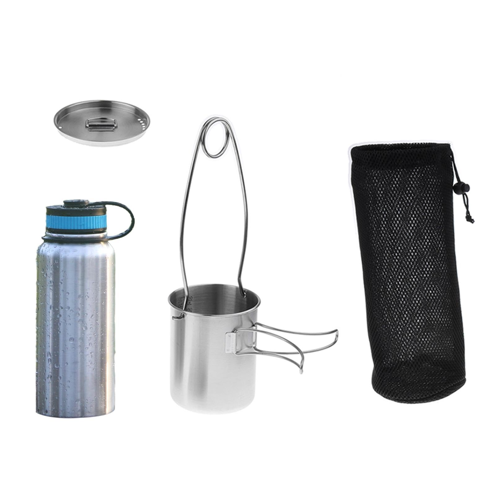Gobelet de Camping Acier Inoxydable Robuste avec Anse Pliable et Couvercle Perforé Échelle Intérieure Visible Adapté au Camping à la Randonnée au