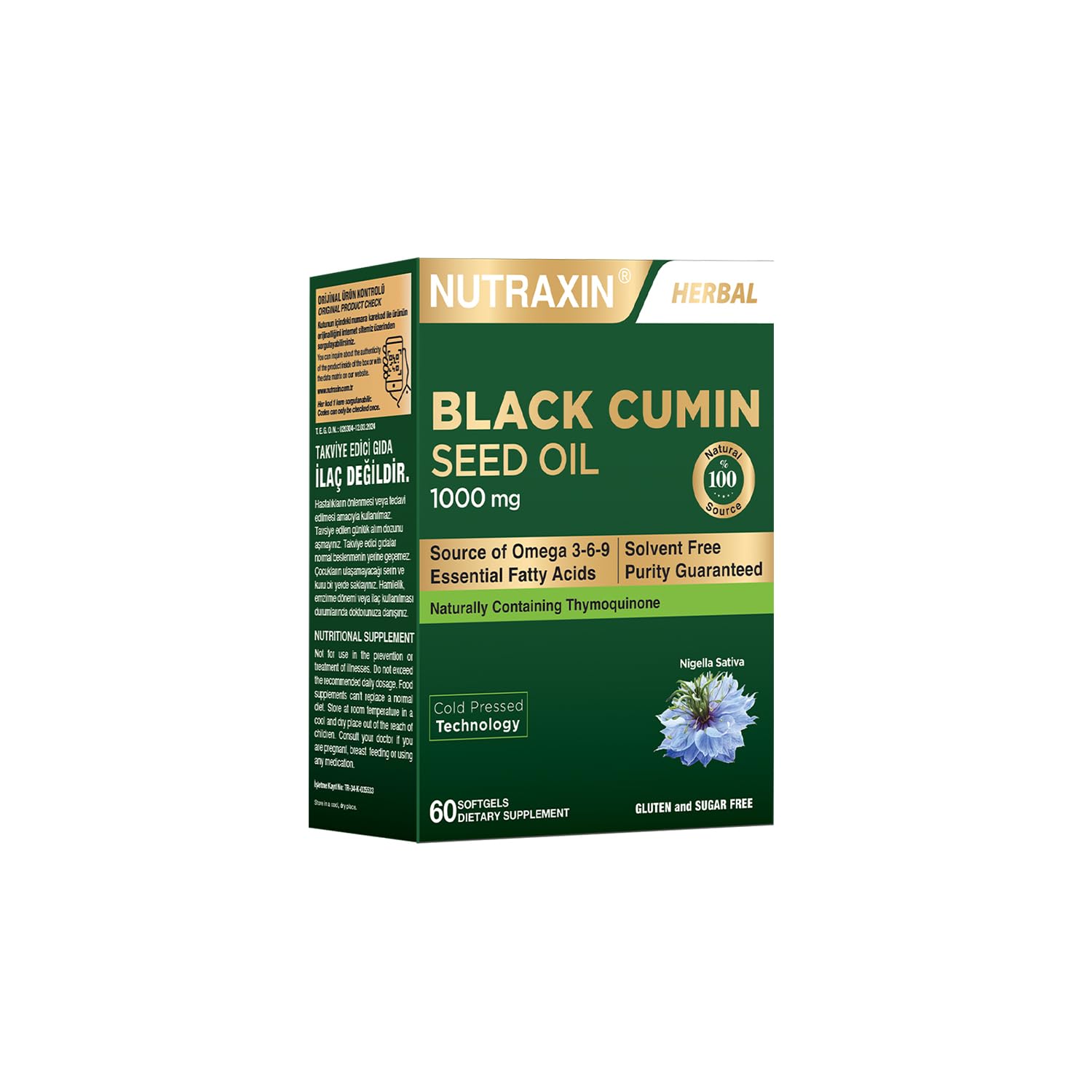 Nutraxin Black Cumin Seed Oil – Soğuk Sıkım Çörek Otu Yağı, 1000 mg, 60 Yumuşak Kapsül – Helal Sertifikalı Takviye Edici Gıda