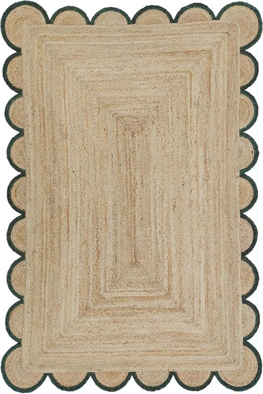 DECORAM WORLD 2x8 Ft Green Border Premium Scalloped Jute Rug – Handcrafted Natural Braided Carpet for Living Room, Bedroom, Entryway – Boho Home Decor