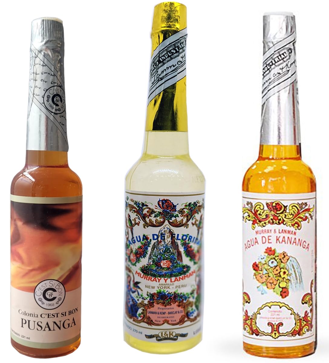 Pack con Agua Florida, Pusanga y Kananga. Para purificar, atraer amor, éxito y proteger tu energía. Botellas de 270ml, 221ml, 221ml.