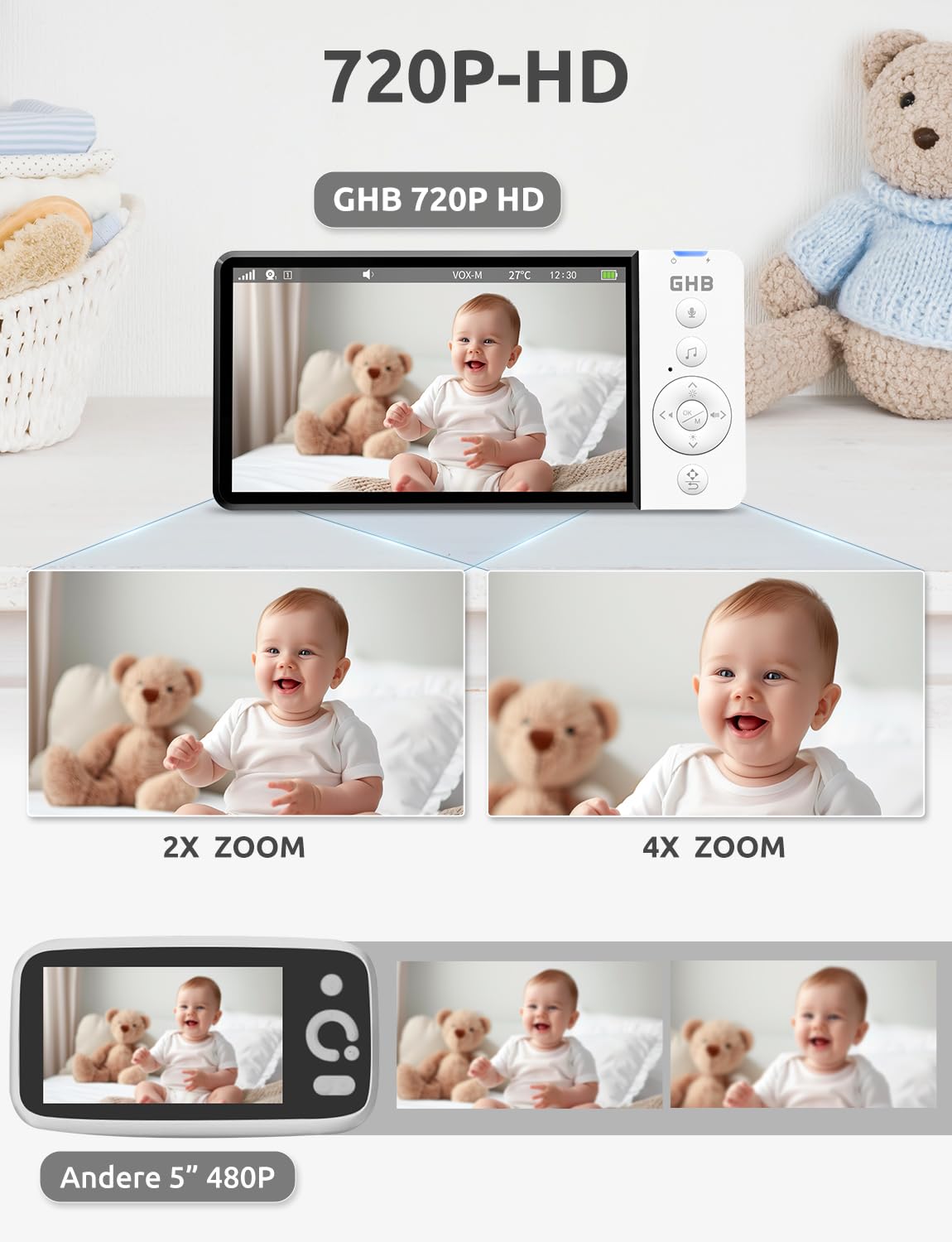 GHB Babyphone mit Kamera 5 Zoll 720P HD Display mit bis zu 168h Akkulaufzeit im VOX Bewegungserkennung Split-Screen-Anzeige Nachtsicht 4X Zoom Schwenkbar