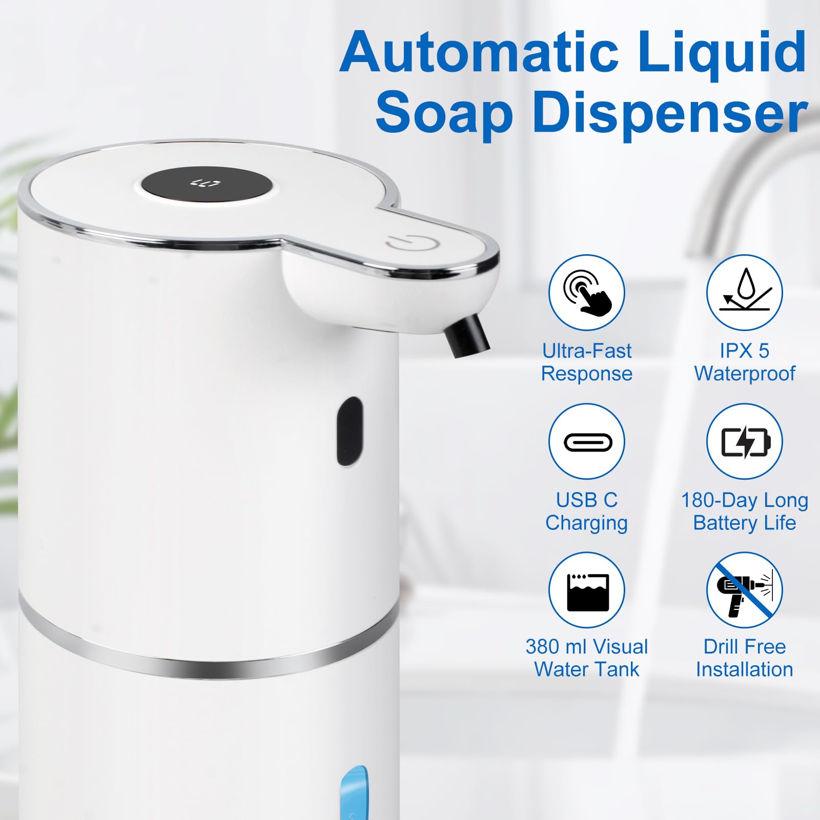 Automatischer Flüssigseifenspender, berührungslos, 380 ml, Handseifenspender, Wandmontage mit LED-Display, 6-stufig verstellbar, Typ-C wiederaufladbar, IPX5 wasserdicht für Bad & Küche