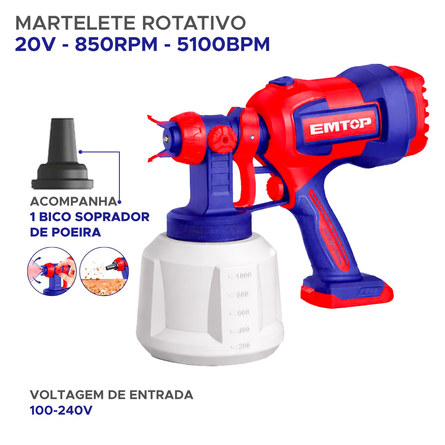 EMTOP - Pistola de Pintura a batería | 20 V | 800 ML | Presión 0,1-0,2 Bar | Viscosidad Máx 120 DIN-S | NO Incluye Batería ni Cargador | para Pintado de Muebles, Puertas y Vallas | Diseño Robusto
