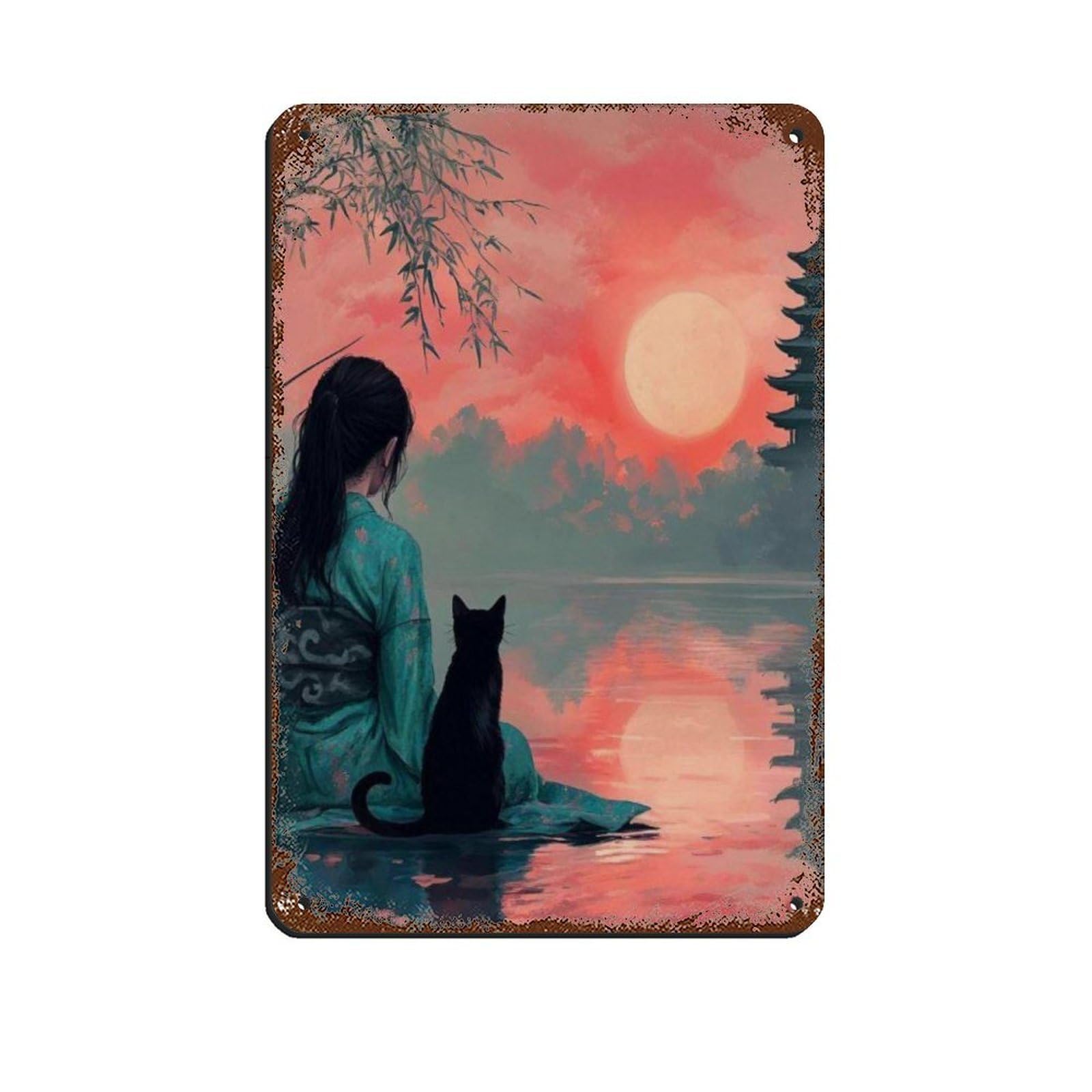 Lxwnze 20L X 30W Cm Serene Japanese Sunset Art Poster Tin Sign Vintage Metal Pub Club Cafe Bar Home Wall Art Decoration Poster Retro 8X12inch(20X30cm)