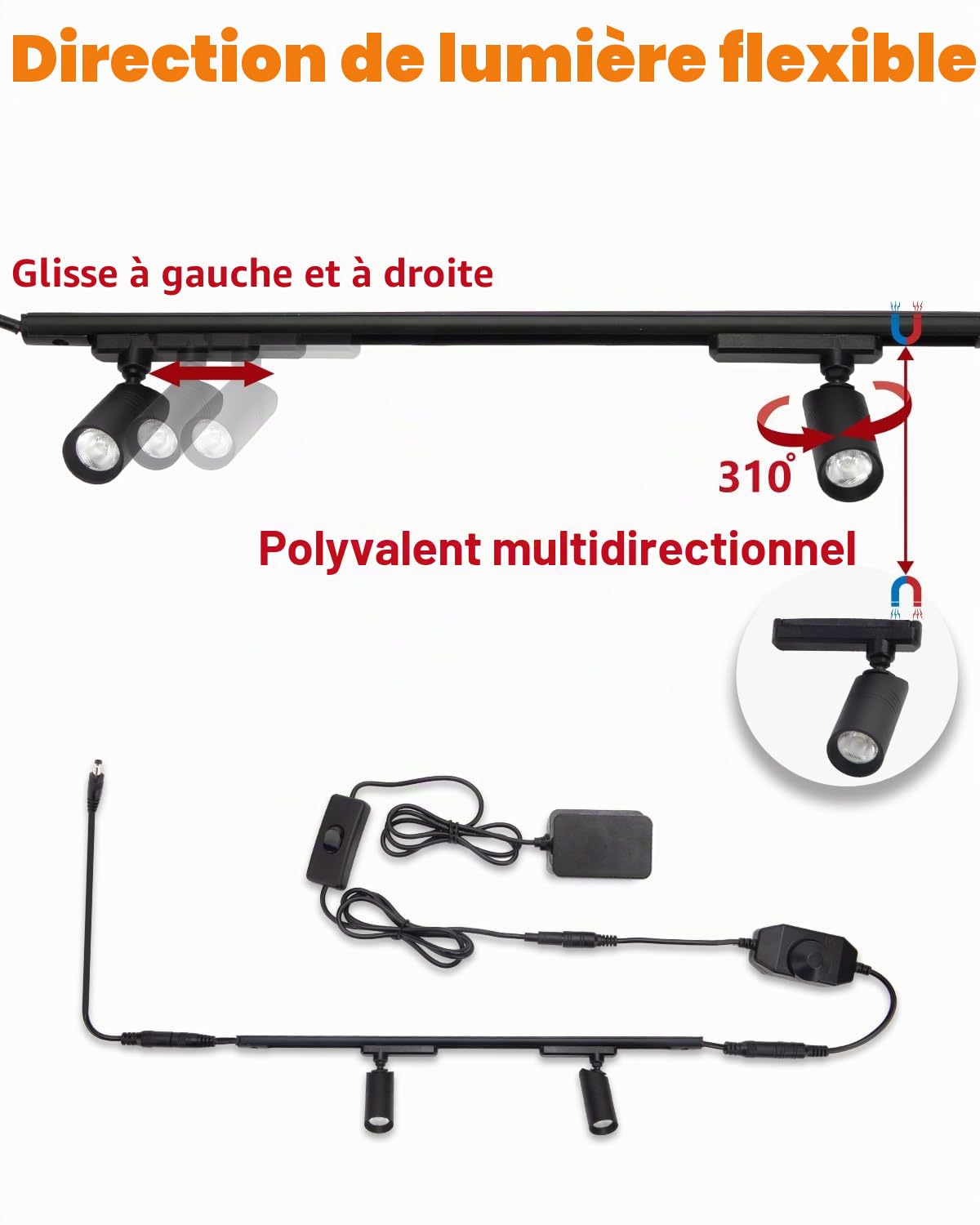 Cefrank LED Projecteurs d'accentuation Magnétiques Rotatifs, 400 lumens, Lumière Blanche 6000K - 30 cm de Voie Noire & Set de 2 Base Magnétique Lampes, Finitions Noir