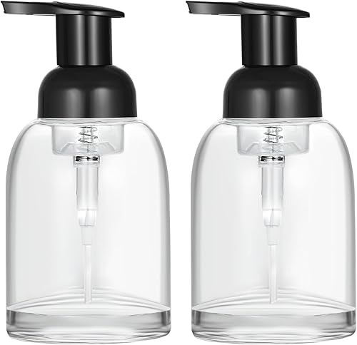 Paquete de 2 dispensadores de jabón de vidrio transparente grueso con bomba de espuma, dispensador de botellas redondas transparentes de 10 onzas