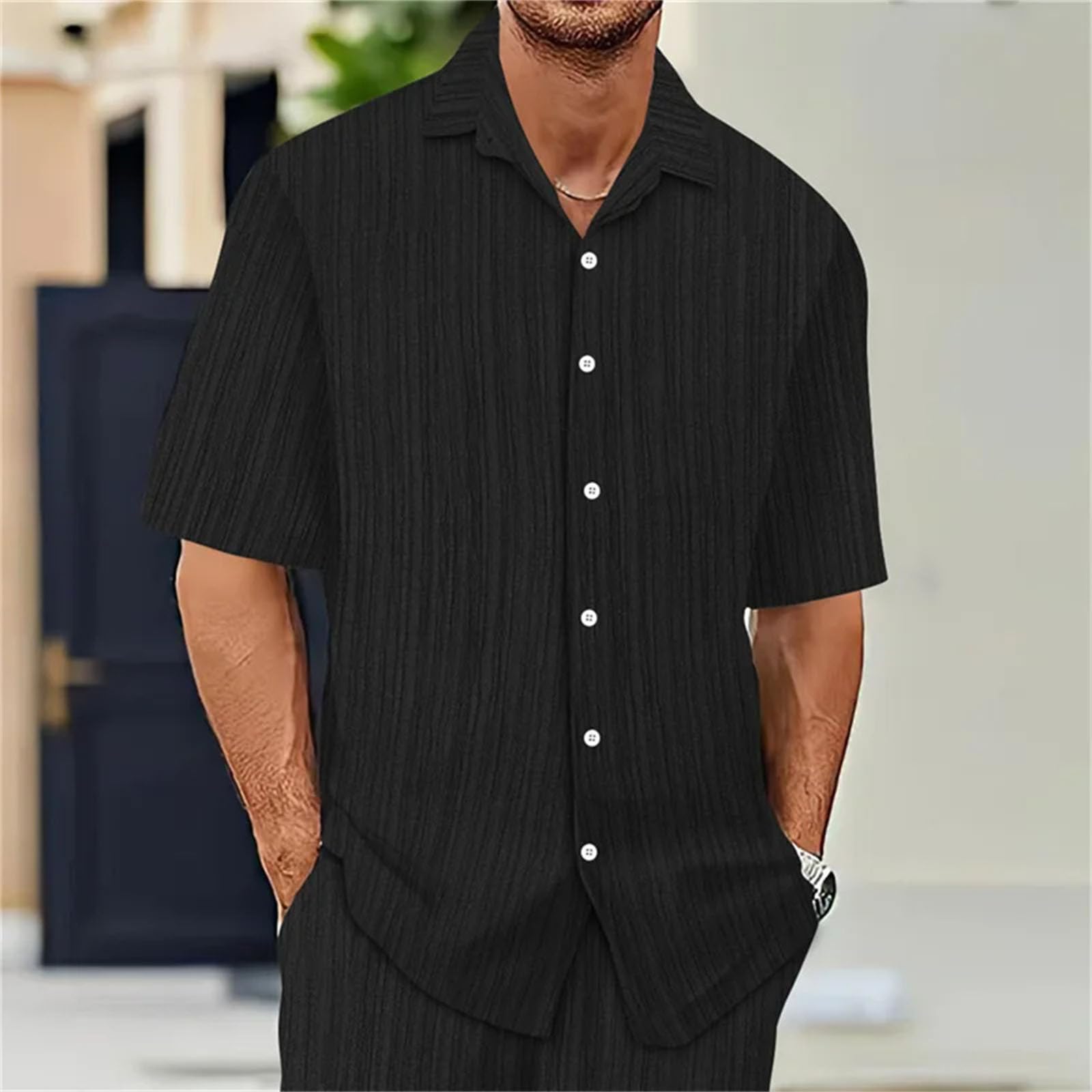 Camisa de manga corta para hombre, ligera, transpirable, color sólido, cuello de vuelta, para uso diario
