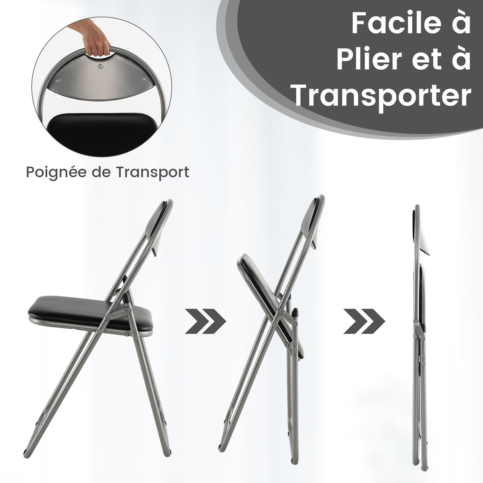 COSTWAY Lot de 4 Chaise Pliante en Métal, Chaise Visiteur Pliable Rembourré avec Poignée, Charge 115 kg, sans Assemblage, Noir (Moderne,4)