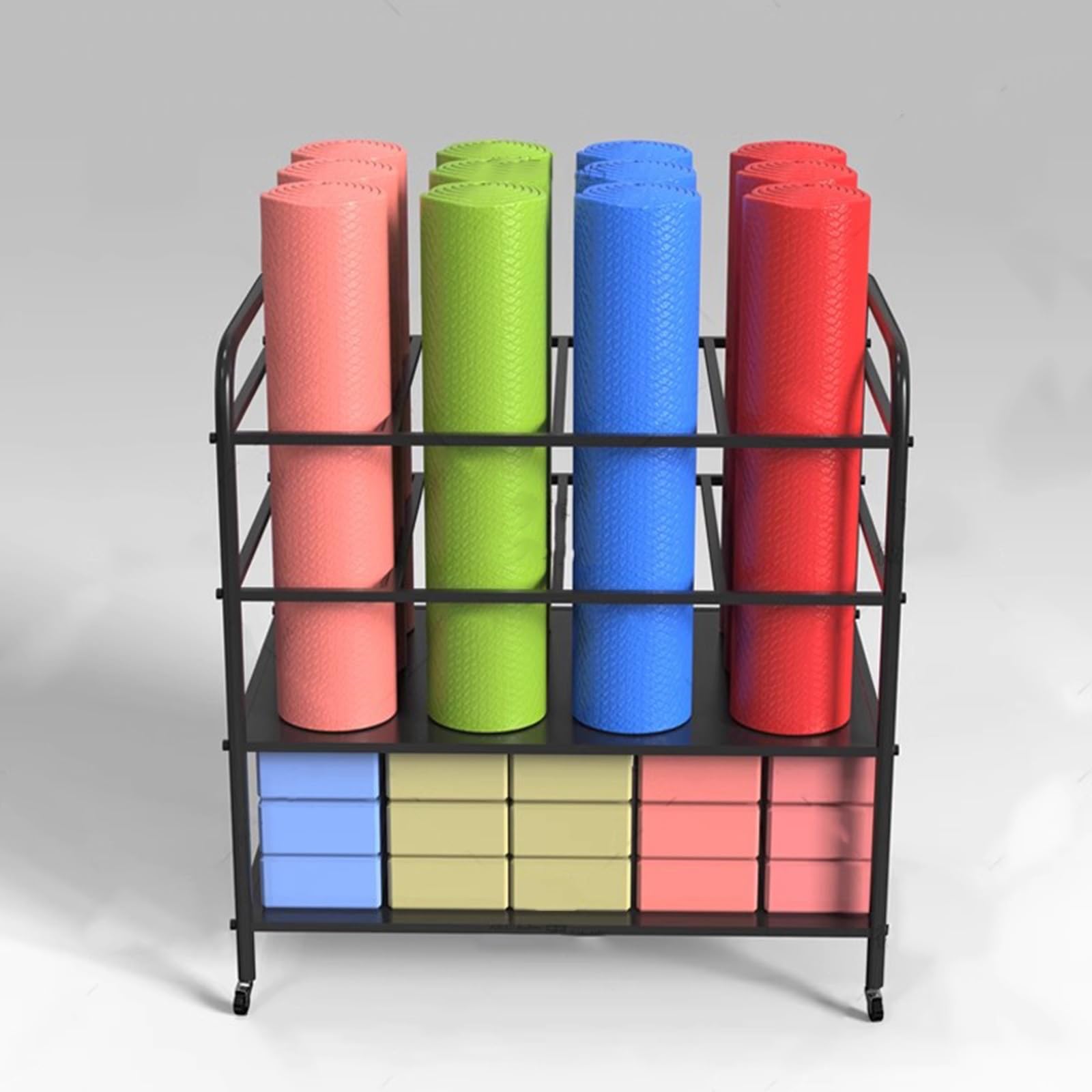 Soporte para Esterilla de Yoga, Carrito móvil con Ruedas para esterillas de Yoga, Organizador de Gimnasio en casa para Rodillos de Espuma y esterillas de Fitness, Estante de Gran Capacidad p