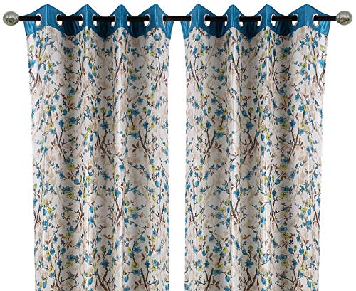 Image of 5 Feet Polyester Floral Light Filtering Window Curtains for Living Room, Bedroom & Kitchen, Eyelet Top, Aqua Printed and Solid Plain Curtain Set of 3