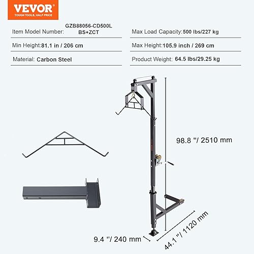 Miniatura 7 de VEVOR Polipasto de enganche de 2 pulgadas, 500 libras con elevación de cabrestante y juego de gambrel, altura ajustable, enganche giratorio de 360