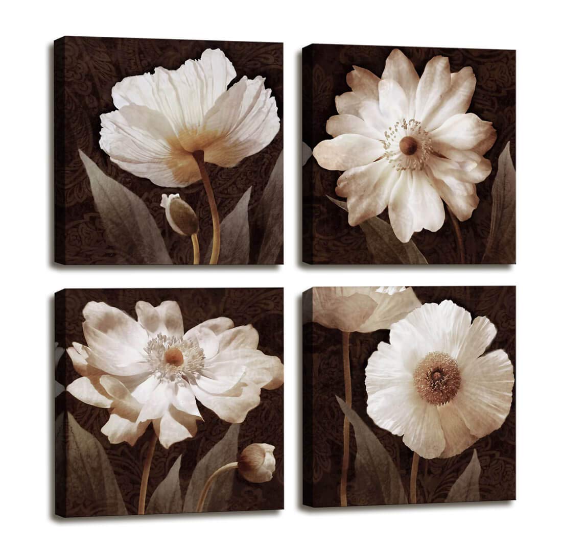 Canvas Wall Art Contemporary Canvas Art White Flowers Painting Pictures for Living Room Home Decor - 4 Panels Framed Wall Art Brown Floral Poster Canvas Prints for Bedroom Decor 16 x16 inch 4pcs/set