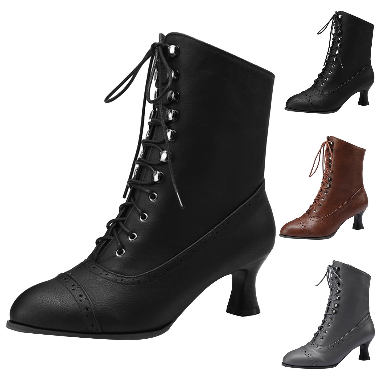 Women Vintage Victorian Boots Lace up Mid Calf Boots Halloween Kitten Heel Side Zipper Booties Retro Gothic Punk