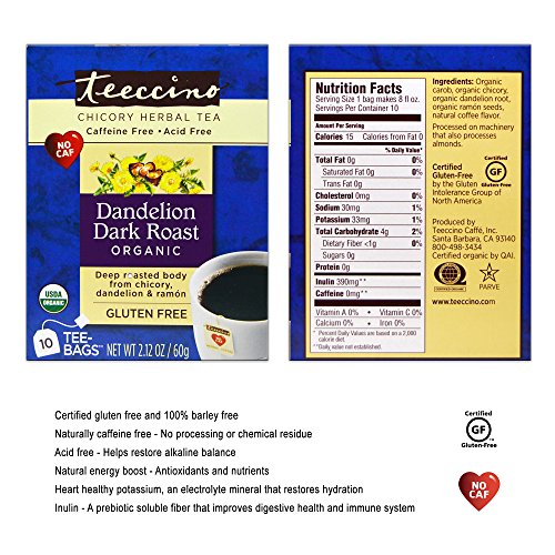 Teeccino - Organic Dandelion Dark Roast 2.12 Oz, 10 Bags Per Box, Pack Of 2 Boxes #TOP1