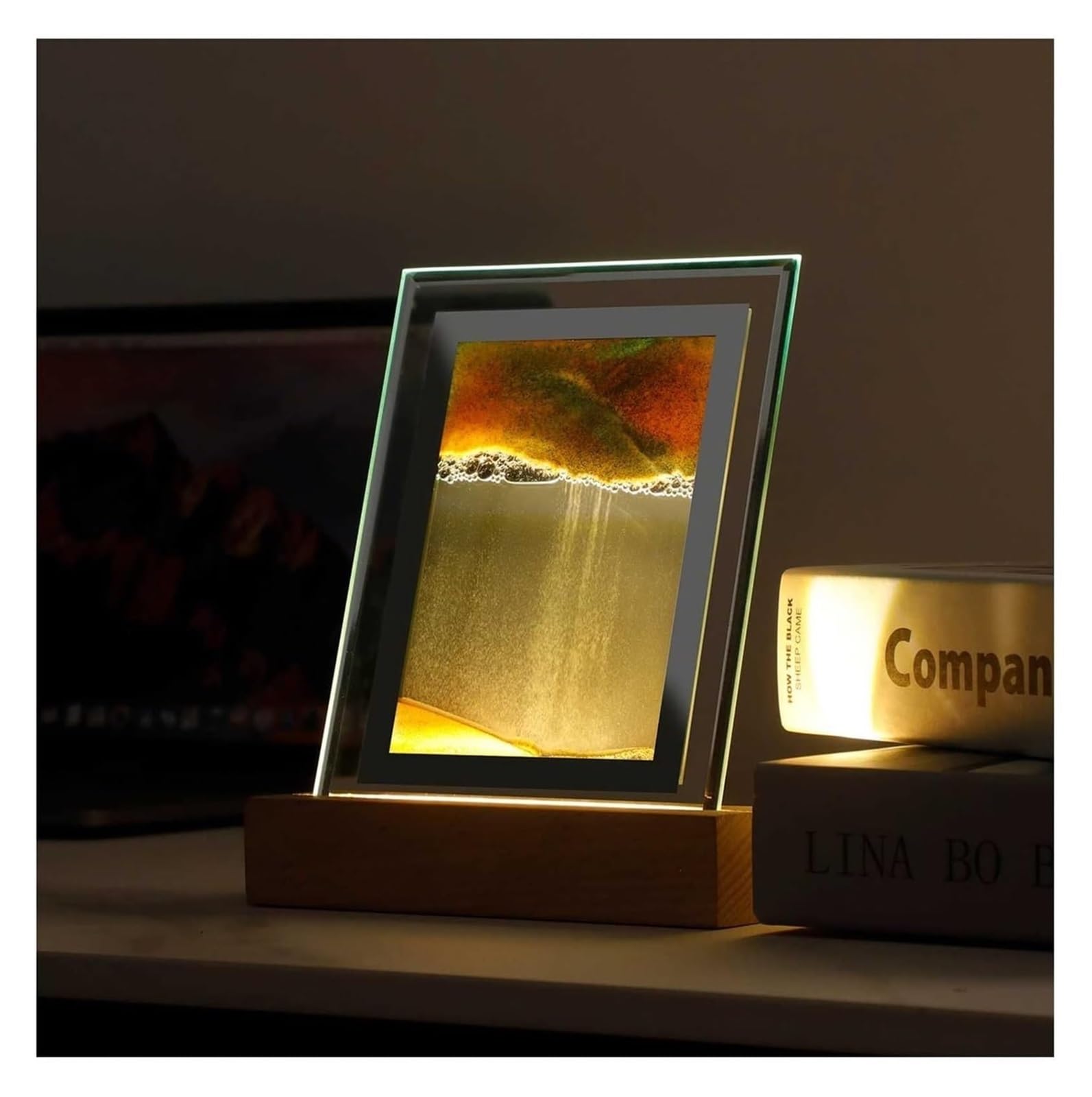 SXDMOUBK Quicksand Painting Table Lamp 3D Deep Sea Sandscape Liquid Motion, Square Glass Frame Display Flowing Sand Relaxing Gift for Adults Home Office Work Desktop Decoration