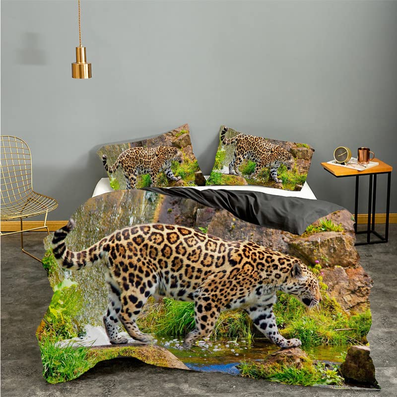 Housse de Couette 140x200 Léopard Vert en Microfibre Douce avec 2 Taies d'Oreiller
