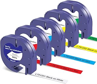 Compatible Dymo Letratag Label Tape Replacement for Dymo Label Maker Refills LT 91201/91202/91203/91204/91205 12mm x 4m Plastic Label Tape for Dymo LT-100H LT-100T LT-110T QX 50 XR XM 2000, 5 Pack