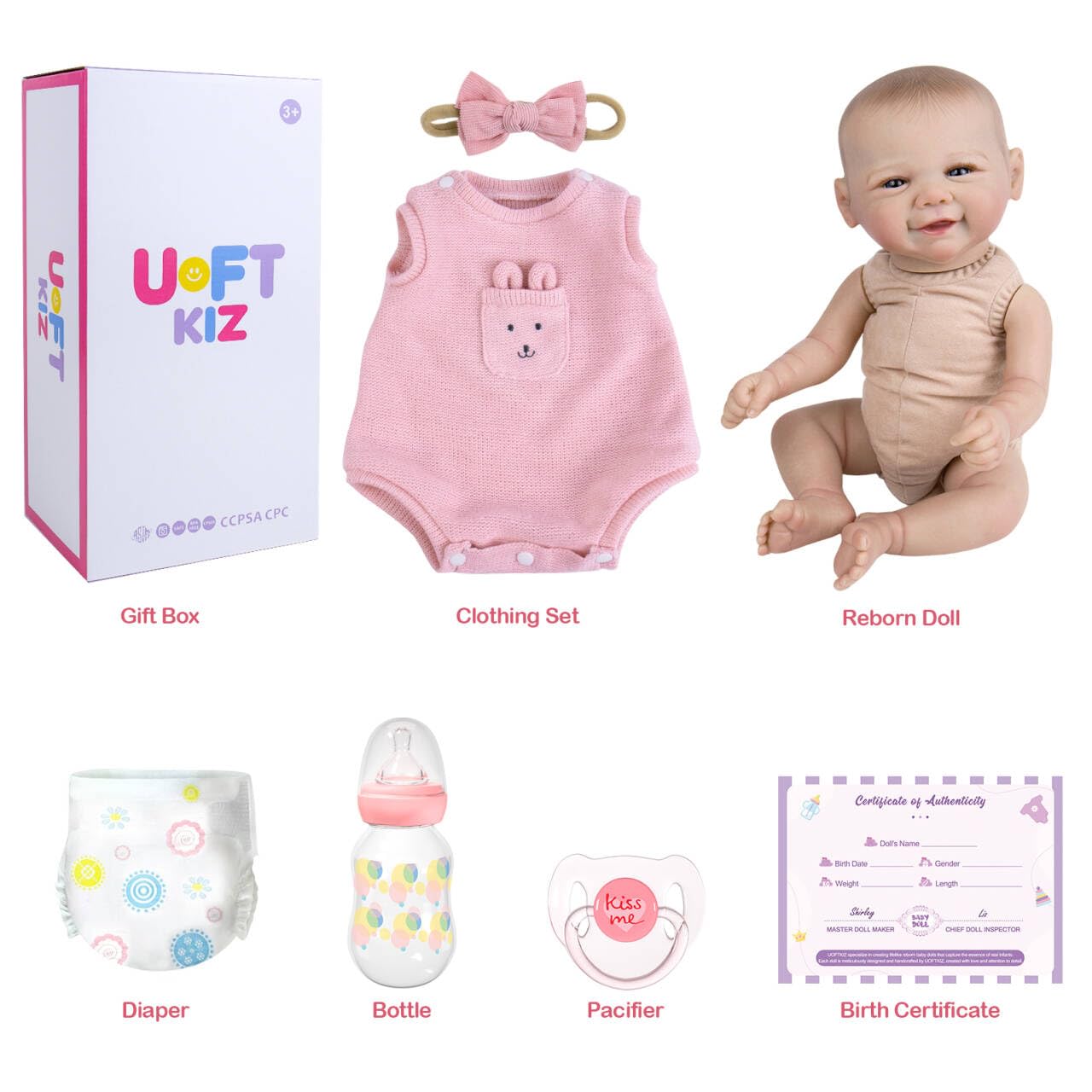 UOFTKIZ Bambola realistica neonato 50,8 cm con coniglio rosa