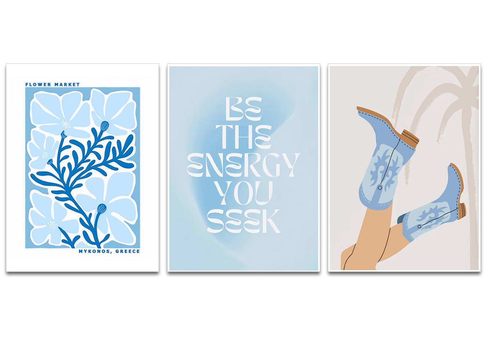 Blue Preppy Canvas Wall Art Posters Set of 3 Trendy Cowgirl Boots Home Decor Flower Market Painting Prints Coastal Aesthetic Picture for Girls Bedroom Bathroom Living Room Dorm 16x24Inch Unframed