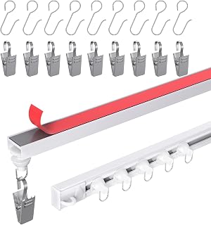 Self Adhesive Ceiling Curtain Track, 3.3 FT Flexible Cuttable No Drill Curtain Rail, Stick On Ceiling Mount Curtain Rod for Room Divider, Window, Closet, RV, Includes Hooks and Clips
