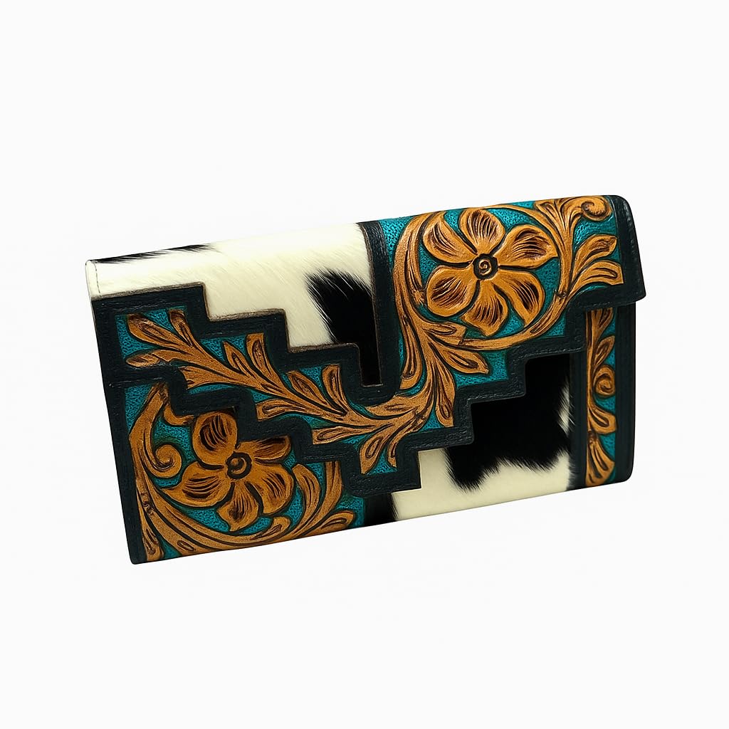 Hand Tooled Genuine Leather Cowhide Wallet for Women – Western Floral Clutch Purse with Tooled Details for Gift