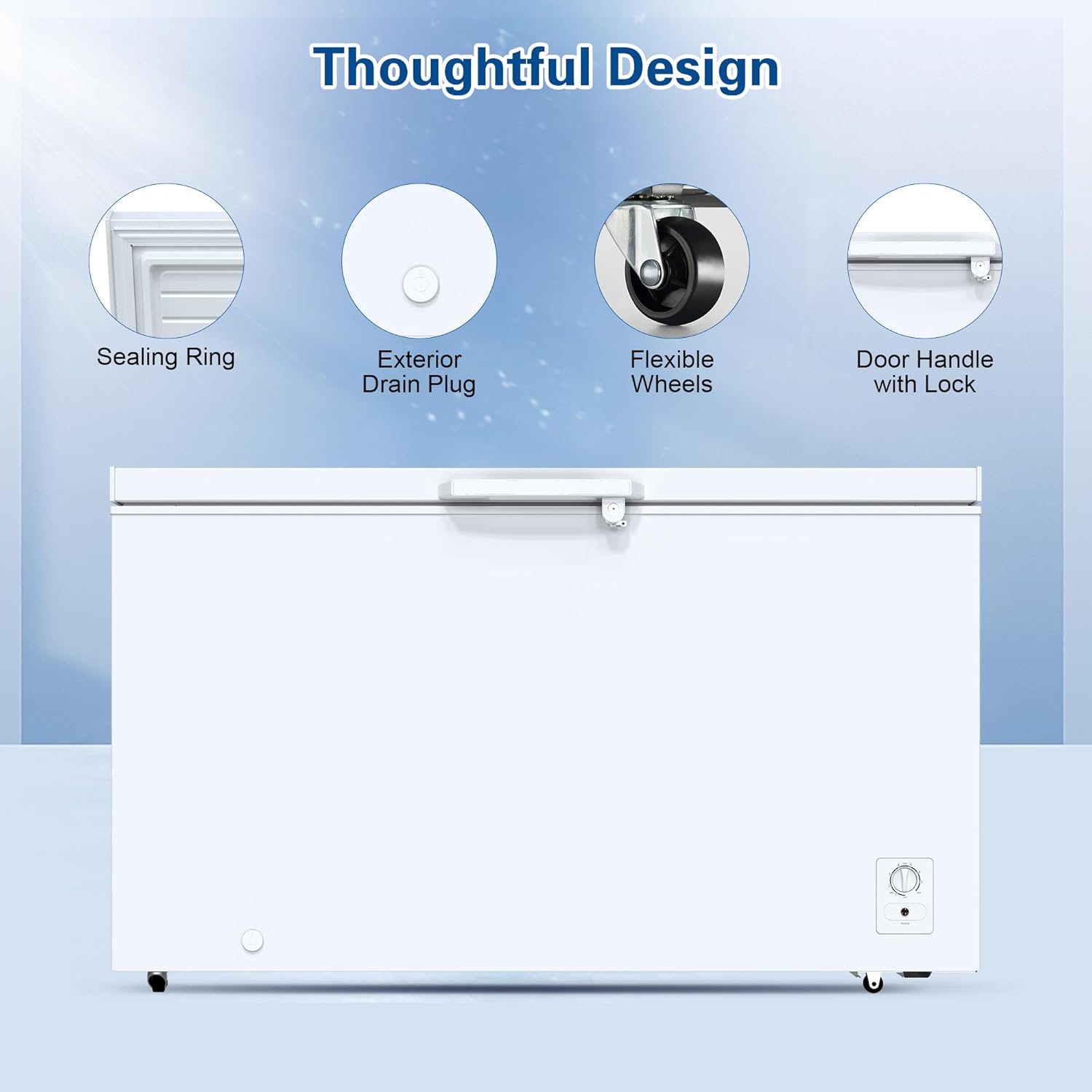 Thoughtful design features of the freezer including sealing ring, exterior drain plug, flexible wheels, and door handle with lock