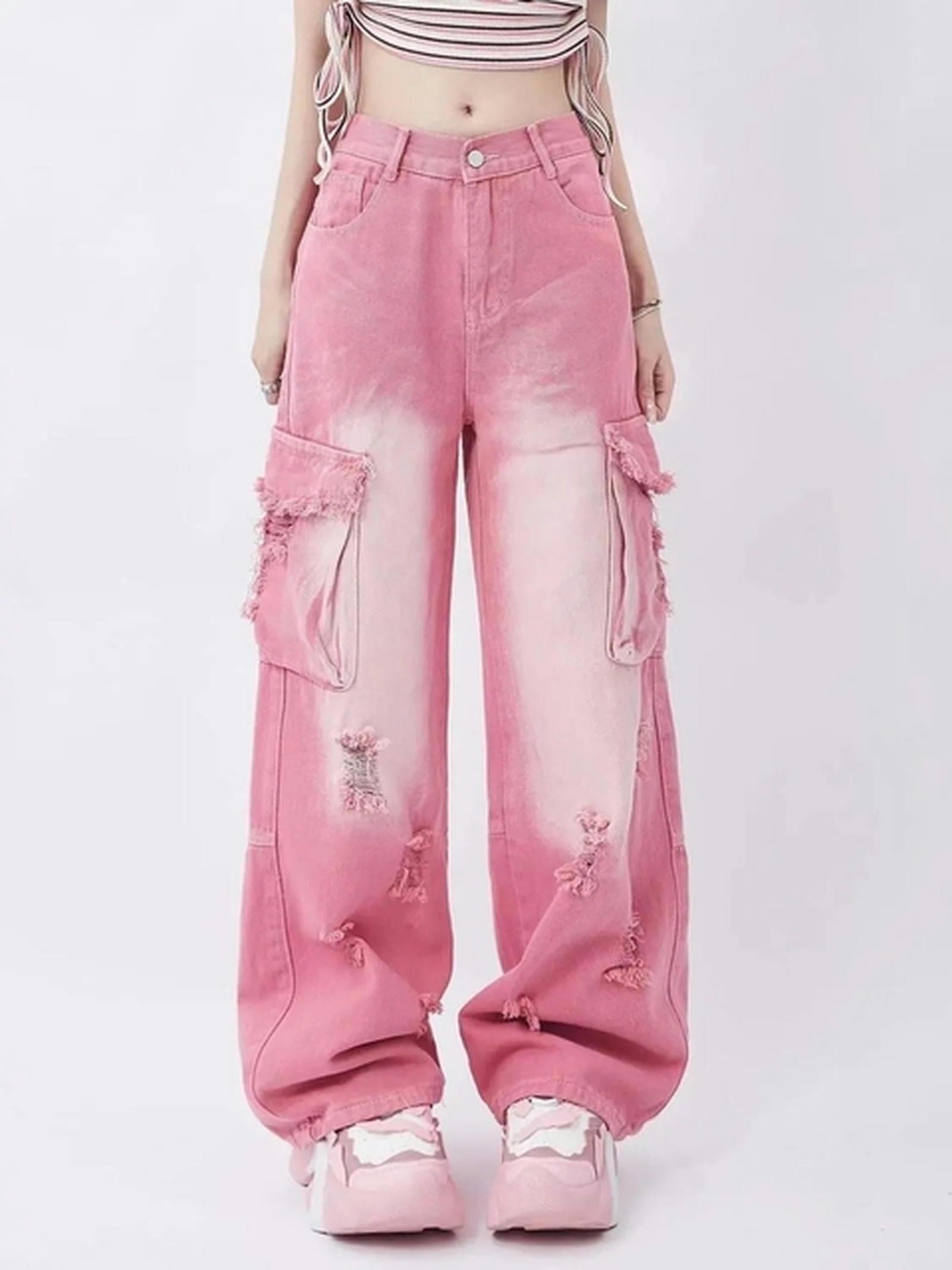 Y2K Harajuku Pantaloni Larghi a Vita Alta con Tasca Jeans Rosa Primavera Estate Pantaloni in Denim da Strada Vintage Strappati da Donna-Rosa-M