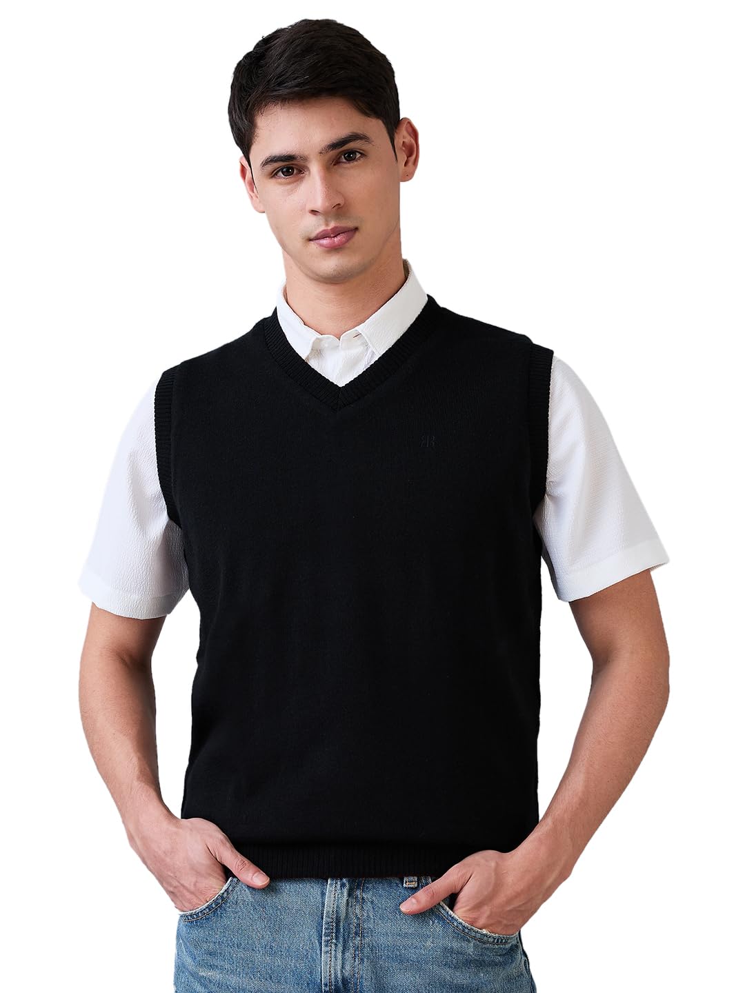 raymond Men Regular Fit Solid Pattern Merino Wool Acrylic Blend V Neck Sleeveless Casual Sweater-picture-25