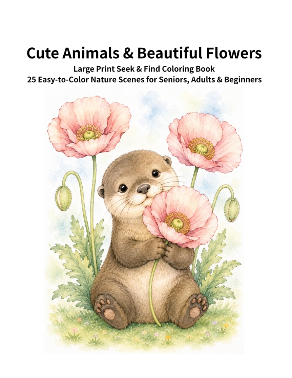Cute Animals & Beautiful Flowers: Large Print Seek & Find Coloring Book: 25 Easy Nature Scenes for Seniors, Adults & Beginners (Cute Animals　series)