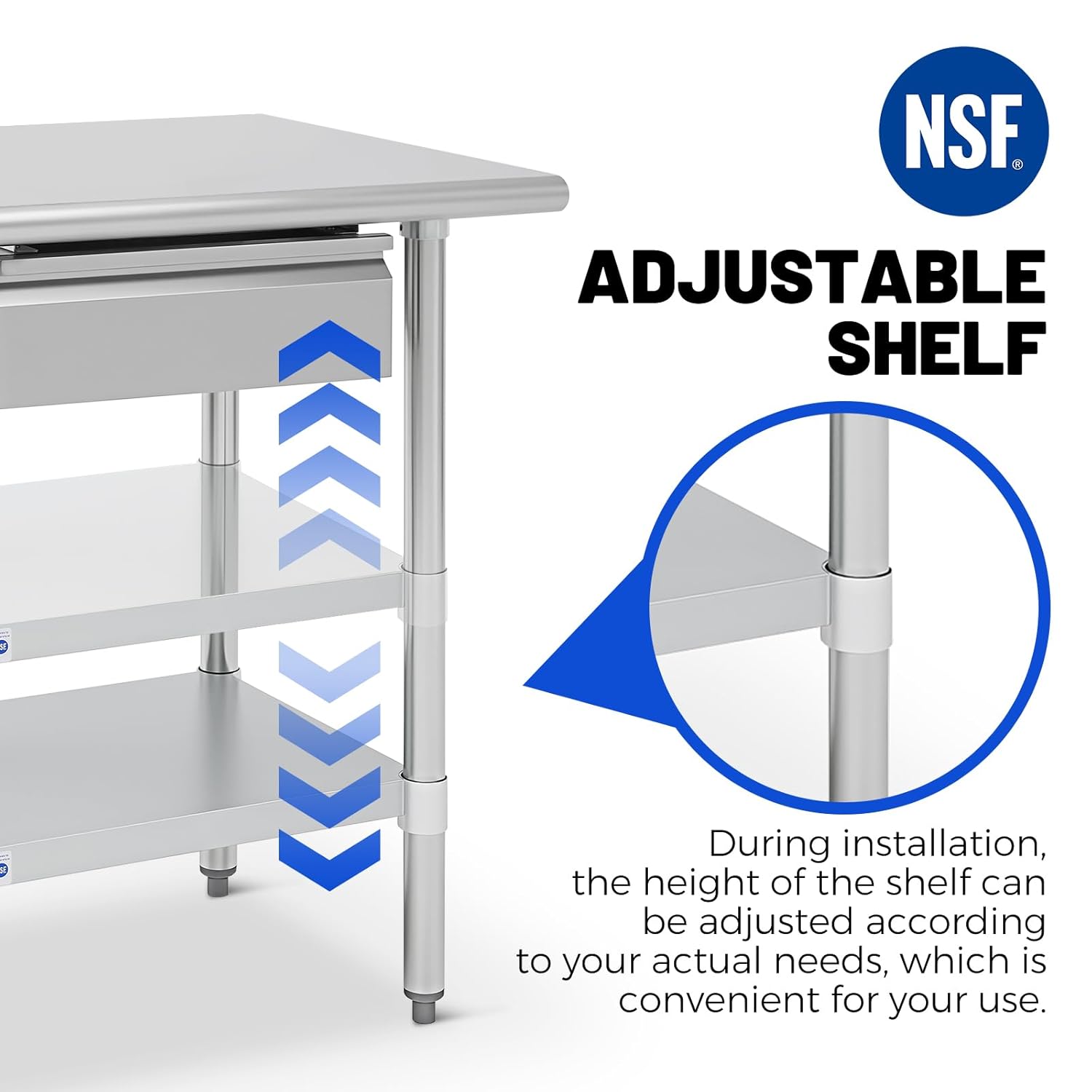 Hally 24 x 36 Inch Stainless Steel Prep Table, NSF Certified Commercial Kitchen Work Table with Drawer, Removable Stainless Steel Pan, Undershelf and Removable Hook for Restaurant Home Garage