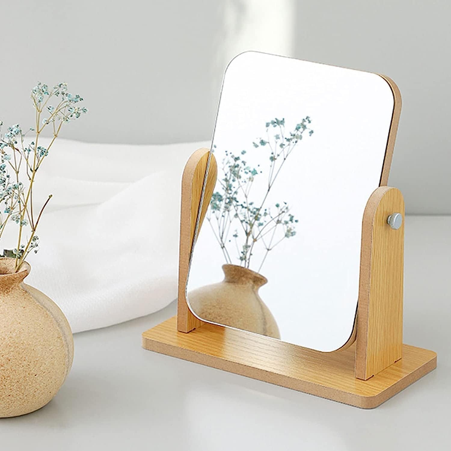Cosmetic Mirror, Table Mirror, 360 Degree Rotation, Standing Wooden Makeup Mirror, Rectangular Mirror, Large, Dressing Table, Desk, Bathroom, Bedroom