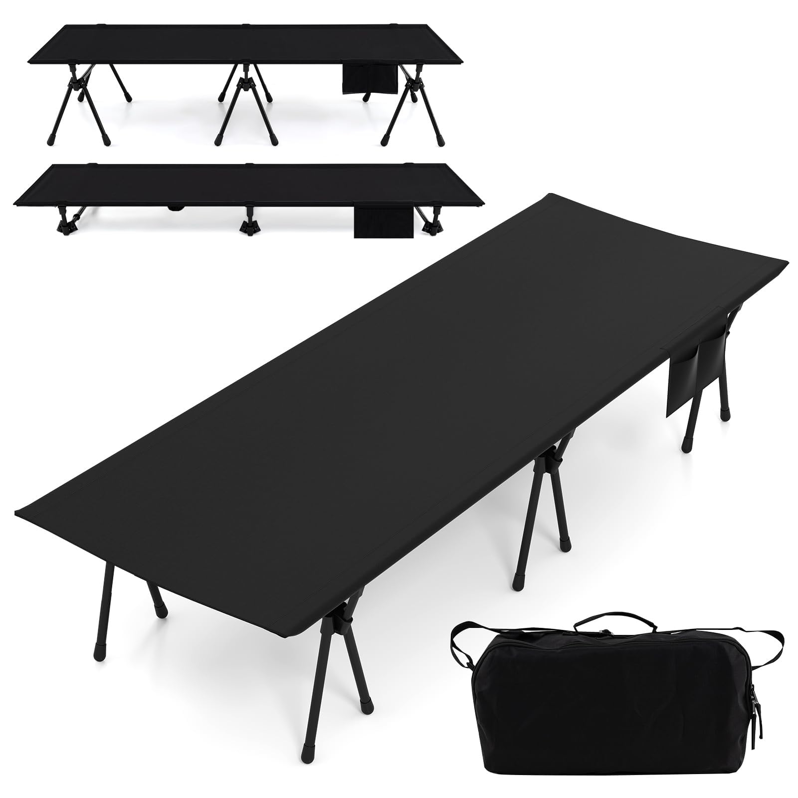 FANTASK Feldbett klappbar, 193 x 70 cm, Campingbett höhenverstellbar bis 150 kg, Campingbett faltbar mit Beinerweiterungen, Seitentasche & Netztasche, für Camping, Reisen, Schwarz
