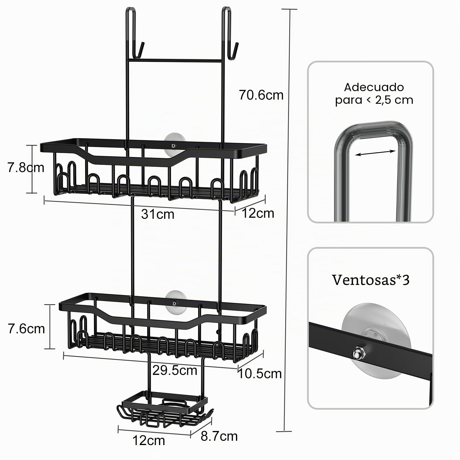 Estanteria Ducha para Colgar, Estante de Ducha para Puerta de Cristal y Puerta de Baño Champú y Gel de Ducha, Organizador Baño con Ganchos (Negro)