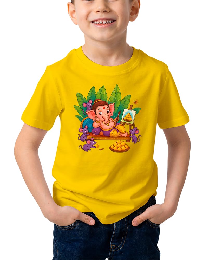 caseria Kid's Cotton Printed T-Shirt - Artist Ganesh | Half Sleeves | Boys T Shirt | Regular Fit | Round Neck | Graphic T Shirt-picture-19