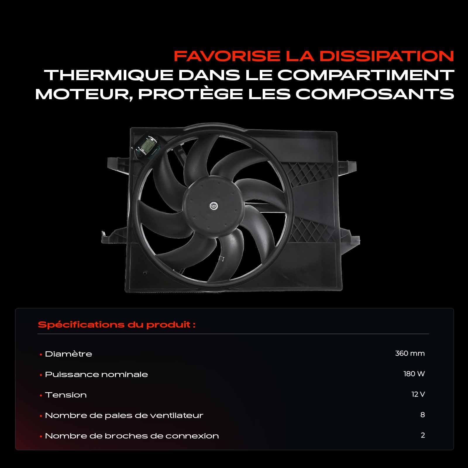 Frankberg Ventilateur de radiateur, refroidissement moteur, 2 broches, 250